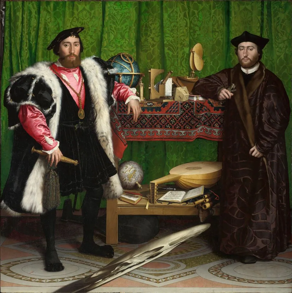 Holbein’s Ambassadors: two men in fur and black beside a shelf of globes and instruments, a pale stretched shape lying diagonally across the floor.