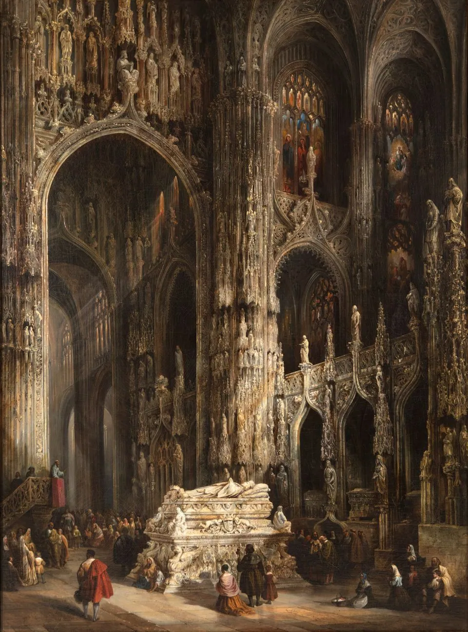 Pérez Villaamil’s cathedral interior: towering Gothic arches and tiny human figures far below.