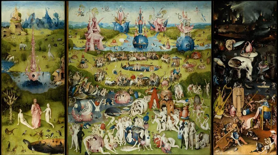 Bosch’s Garden of Earthly Delights, open: Eden on the left, a crowded garden of naked figures and giant fruit in the middle, a dark Hell on the right.