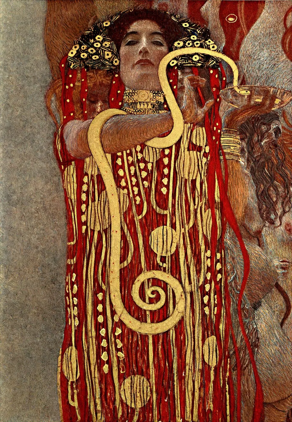 Klimt’s Hygieia: a woman in red and gold with a golden snake coiled around her arm.