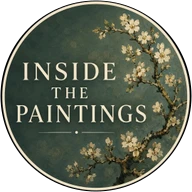 Inside the Paintings logo: a dark green painted circle with an almond-blossom branch