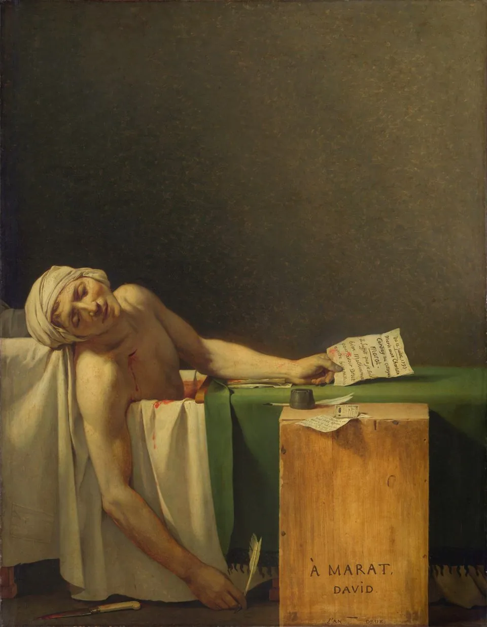 David’s Death of Marat: a man slumped dead in a bathtub, a letter in one hand and a quill in the other, a wooden crate beside him.