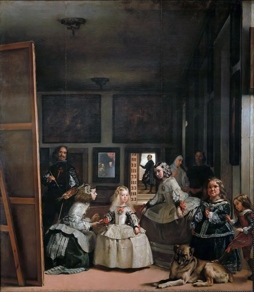 Velázquez’s Las Meninas: a little princess in a wide dress with her attendants, the painter at a huge canvas on the left, a small mirror on the back wall.
