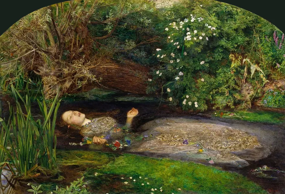 Millais’s Ophelia: a young woman in an embroidered dress floats on her back in a stream, surrounded by flowers and dense green banks.