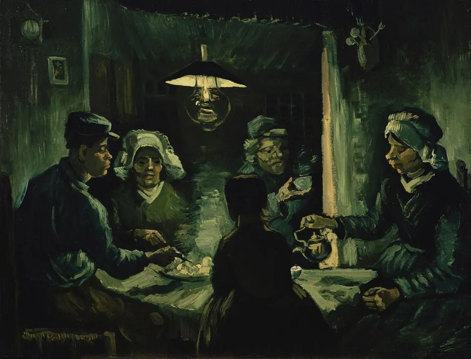 Van Gogh’s Potato Eaters: a peasant family eats potatoes around a table under a single lamp, in dark browns and greens.