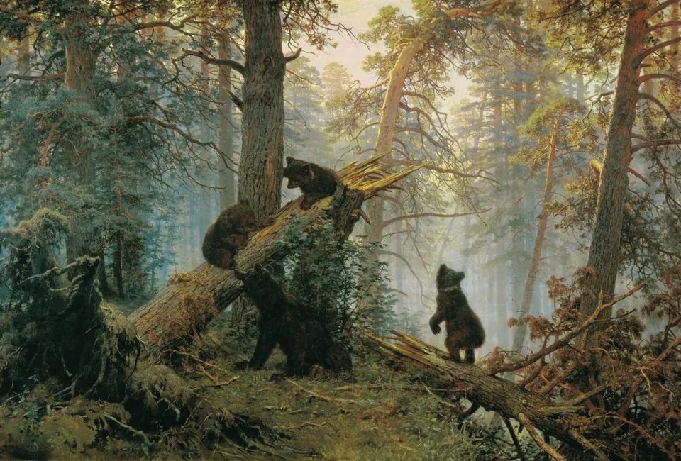 Shishkin’s Morning in a Pine Forest: bear cubs climb a fallen pine in a misty forest at dawn.