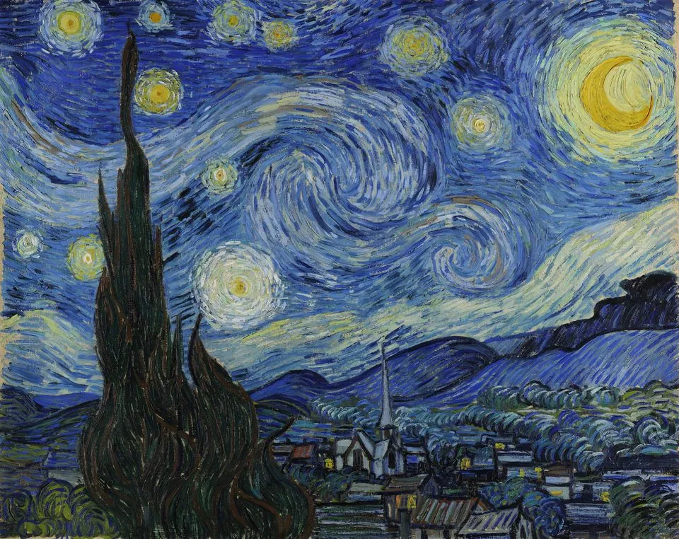 Van Gogh’s Starry Night: swirling blue night sky with bright stars and a crescent moon over a village and a dark cypress.