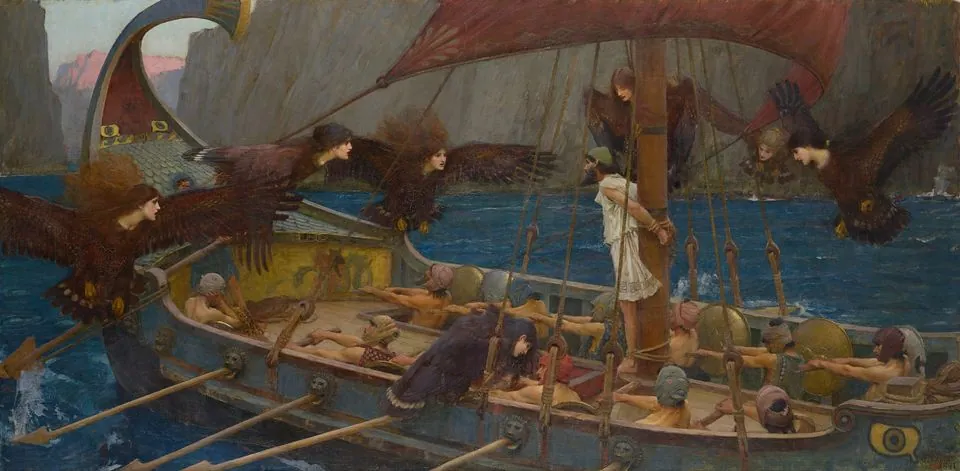 Waterhouse’s Ulysses and the Sirens: a ship with a man tied to the mast while bird-bodied sirens swoop around it.