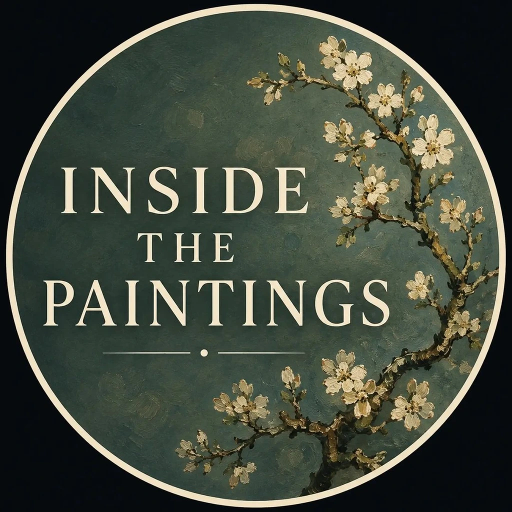 Inside the Paintings logo: a dark green painted circle with an almond-blossom branch
